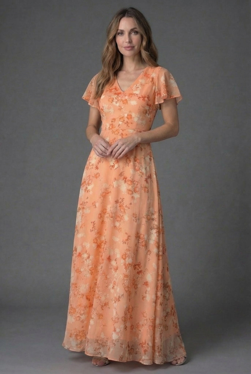 Flutter Sleeve Floral Maxi Dress with V-Neckline and Flowing Chiffon Style Skirt
