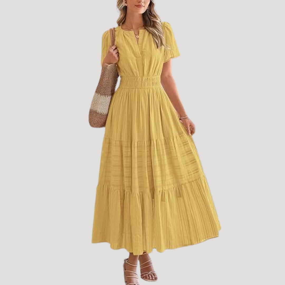 Short Sleeve V Neck Smocked Maxi Dress Tiered Lightweight Woven Day Gown