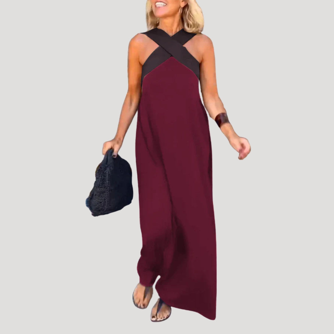Halter Neck Sleeveless Maxi Dress with Cross Front Detail and Flowing Silhouette