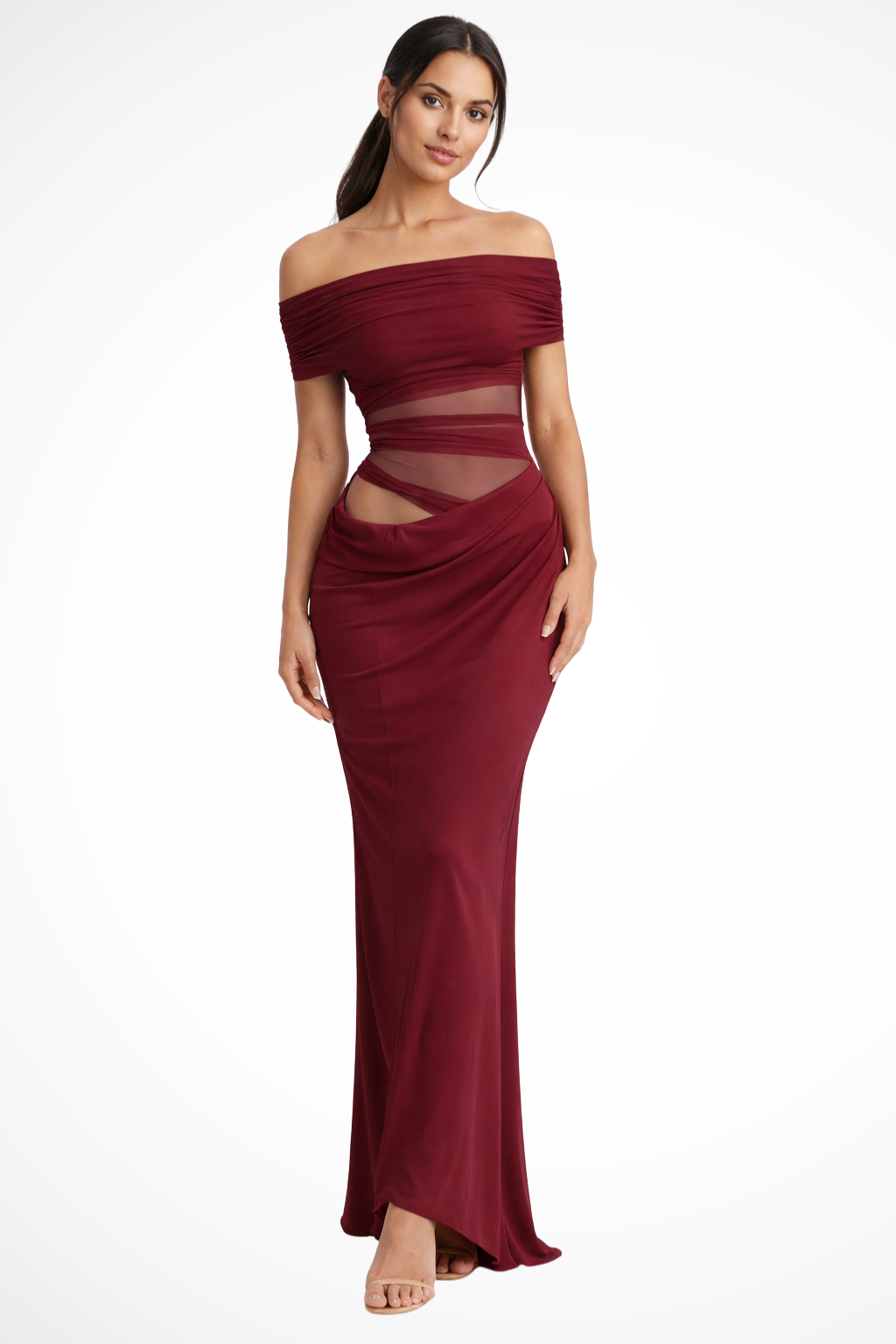 Off Shoulder Mesh Maxi Dress Ruched Bodycon Wedding Guest Evening Dress
