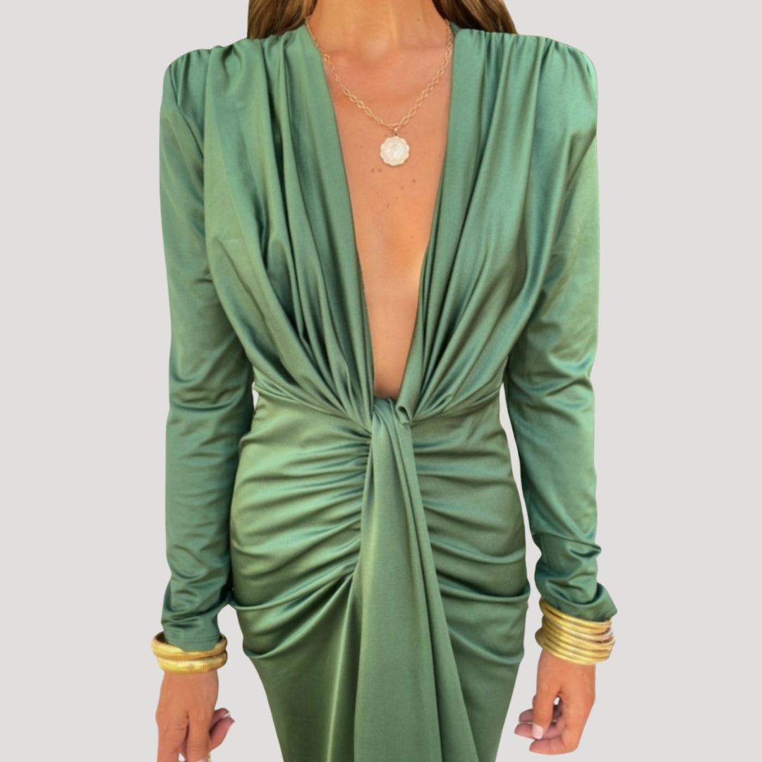 Women's Ruched Draped V-Neck Midi Dress Sleeveless Cocktail Party Gown