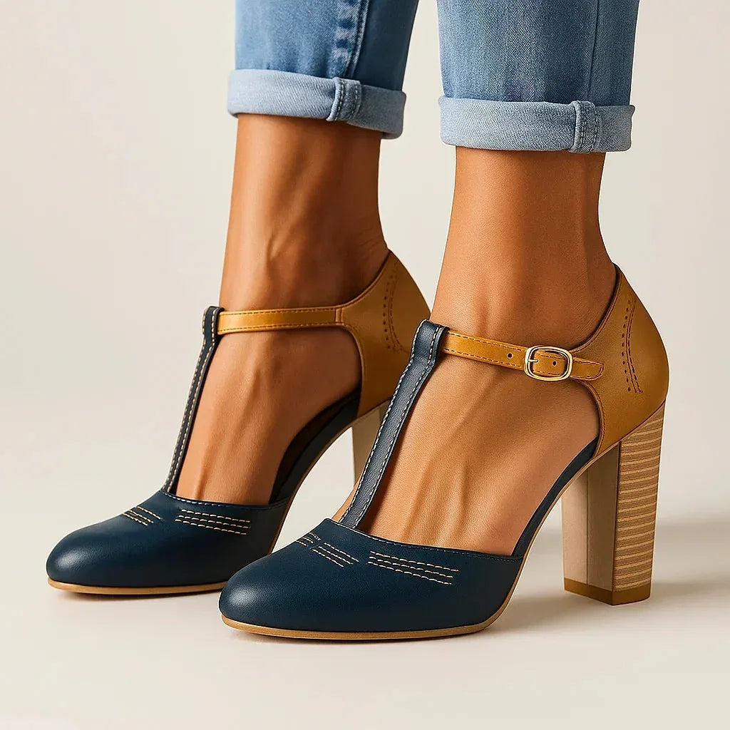 Two-tone block heel pumps — versatile shoes for daily wear