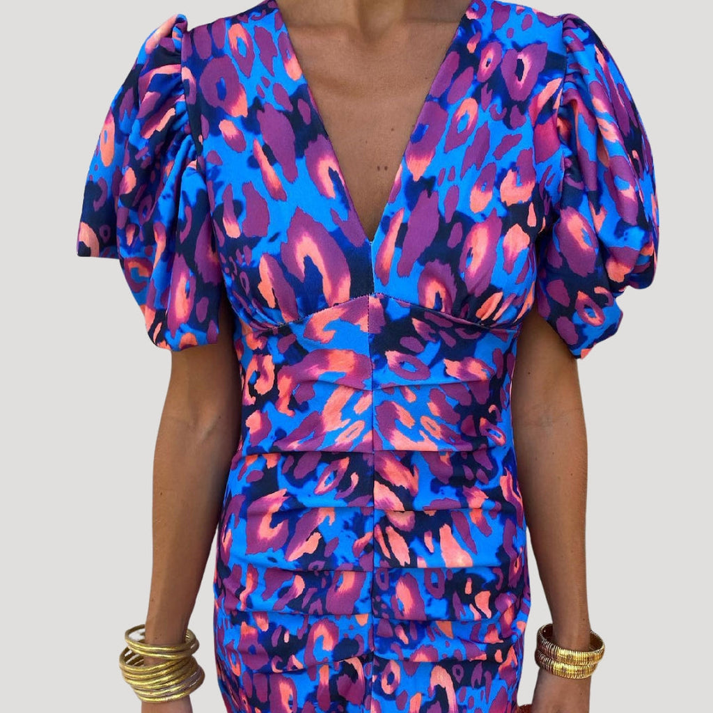 Puff Sleeve V-Neck Midi Dress Ruched Bodice Printed Wedding Guest Occasion Wear