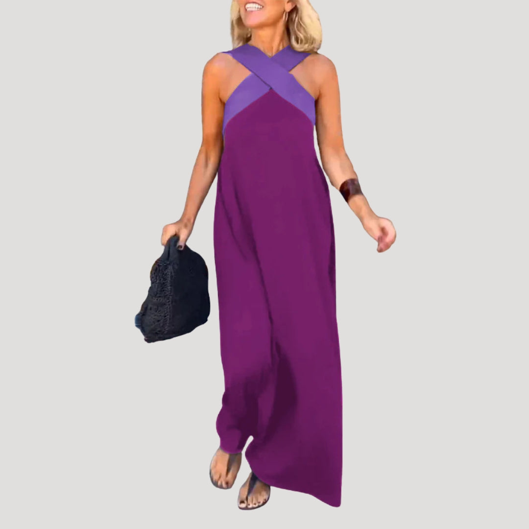 Halter Neck Sleeveless Maxi Dress with Cross Front Detail and Flowing Silhouette