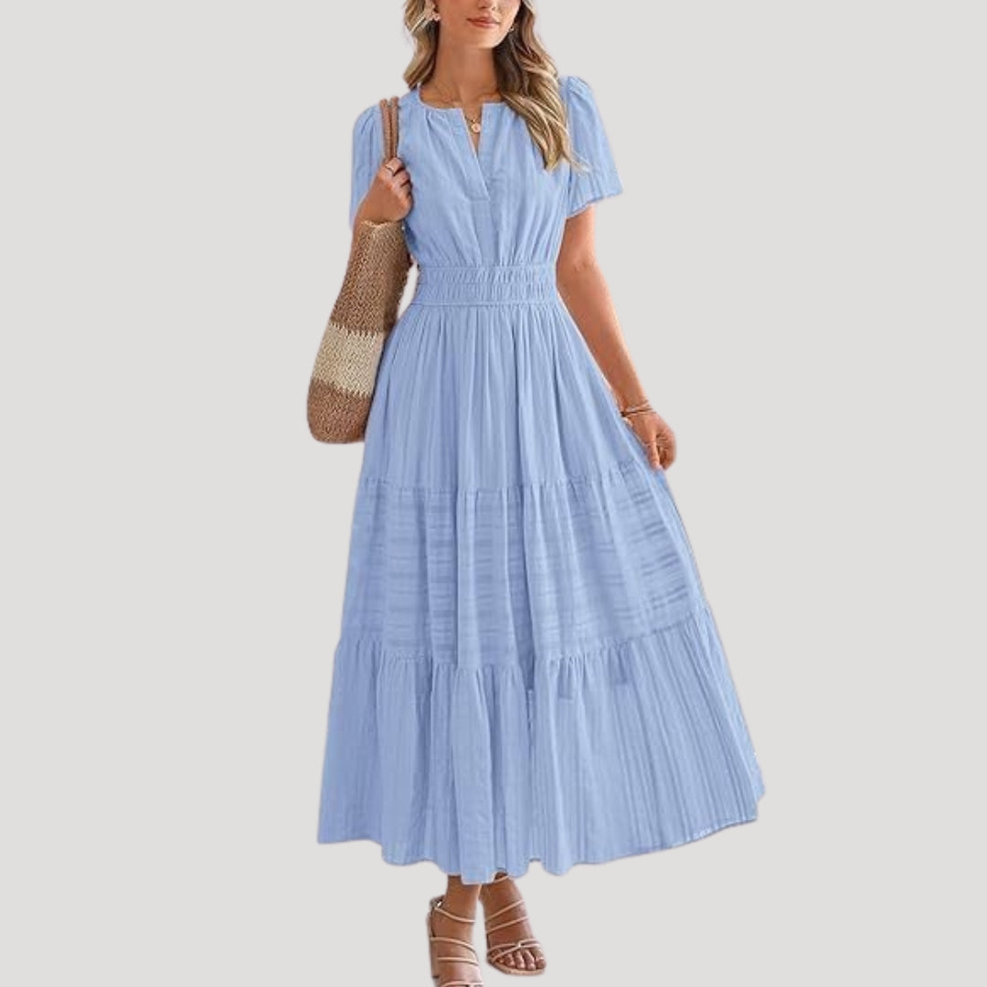 Short Sleeve V Neck Smocked Maxi Dress Tiered Lightweight Woven Day Gown