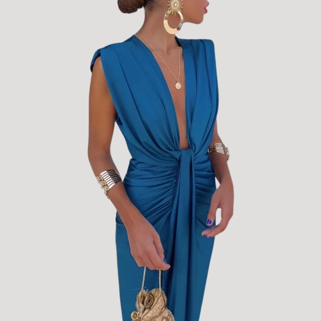 Women's Ruched Draped V-Neck Midi Dress Sleeveless Cocktail Party Gown
