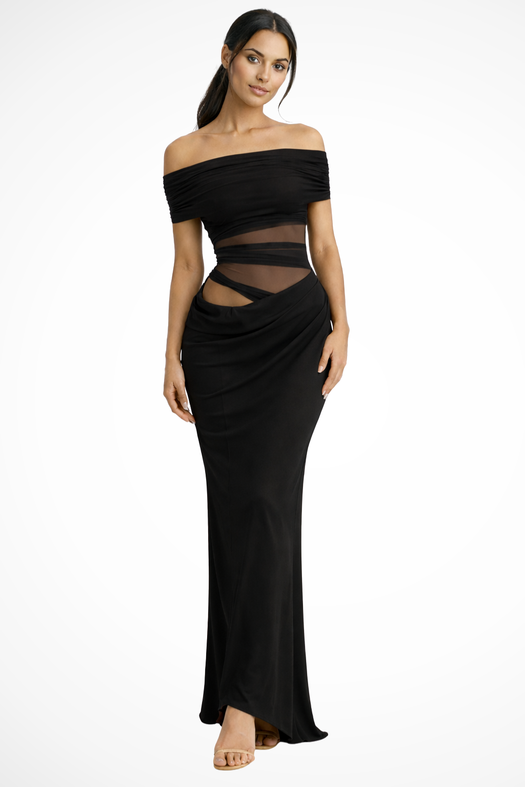 Off Shoulder Mesh Maxi Dress Ruched Bodycon Wedding Guest Evening Dress