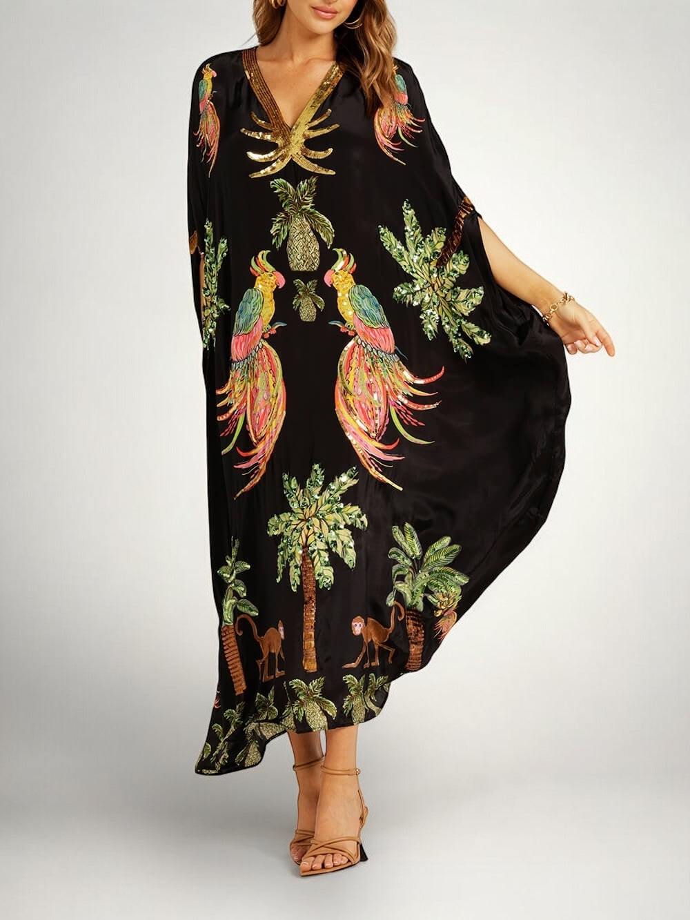 Tropical Print Sequin Kaftan Dress