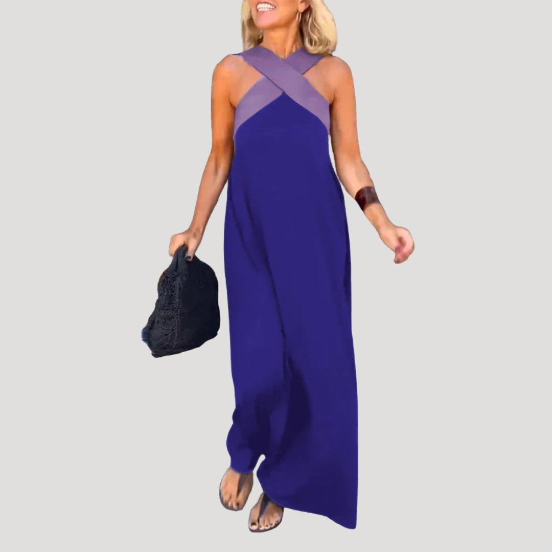 Halter Neck Sleeveless Maxi Dress with Cross Front Detail and Flowing Silhouette