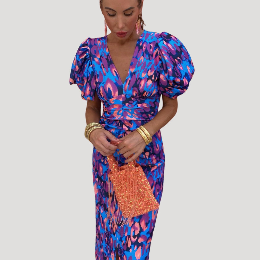 Puff Sleeve V-Neck Midi Dress Ruched Bodice Printed Wedding Guest Occasion Wear