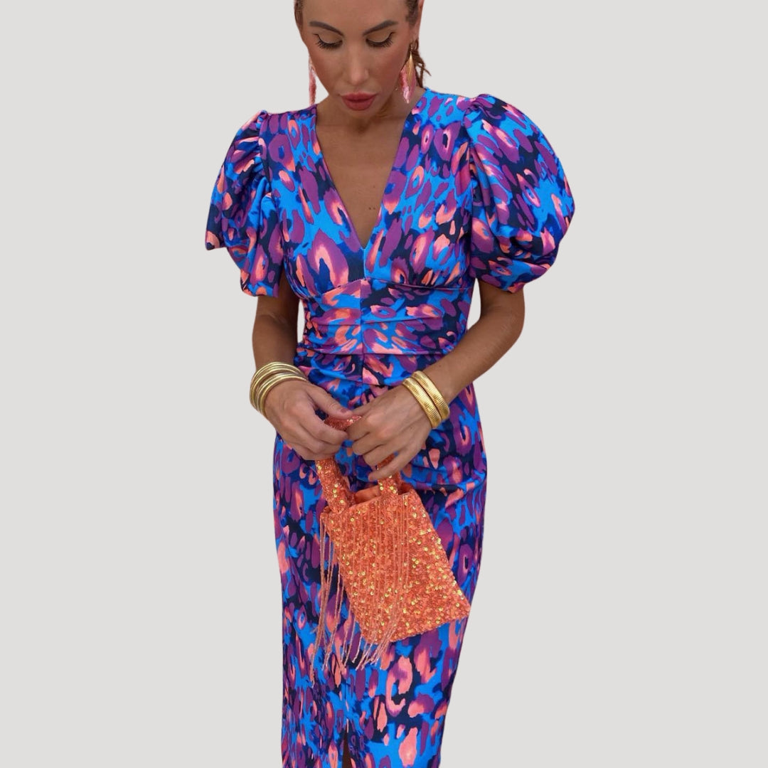 Puff Sleeve V-Neck Midi Dress Ruched Bodice Printed Wedding Guest Occasion Wear