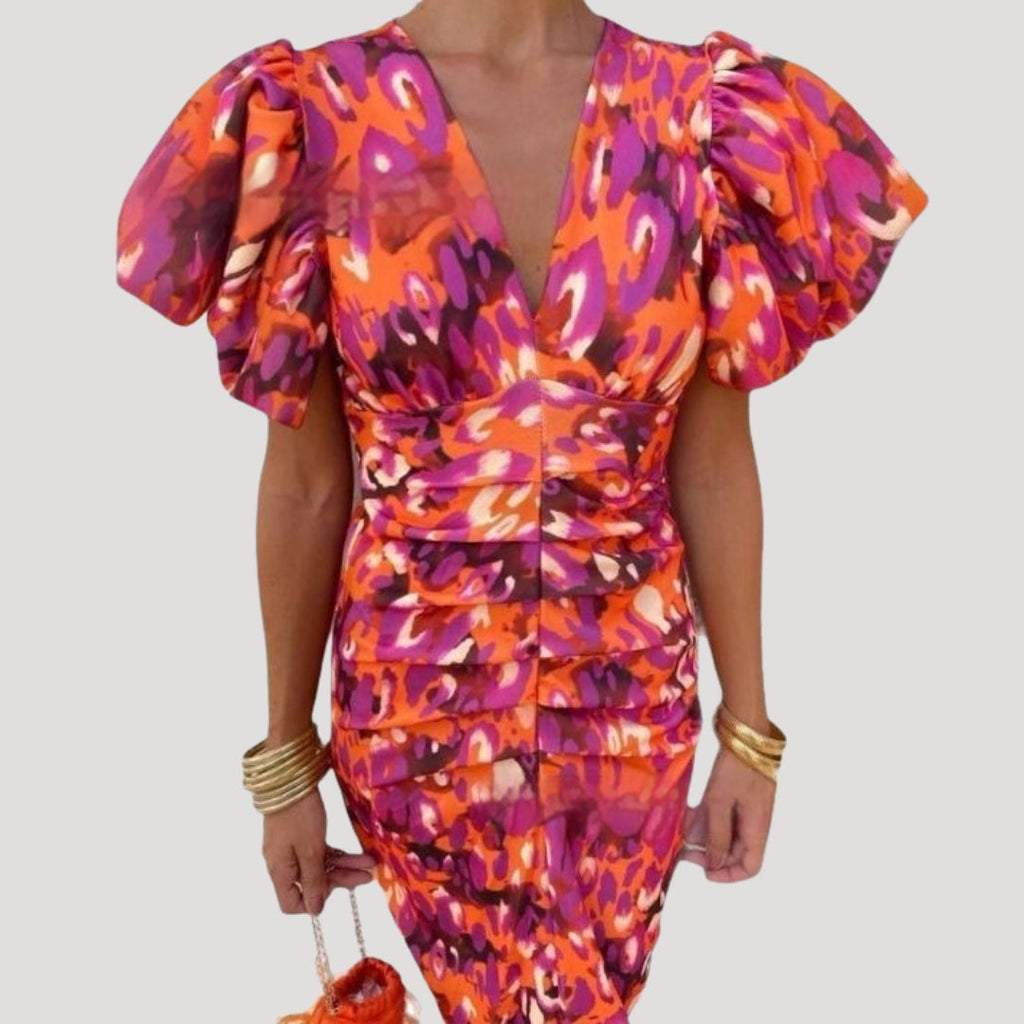 Puff Sleeve V-Neck Midi Dress Ruched Bodice Printed Wedding Guest Occasion Wear