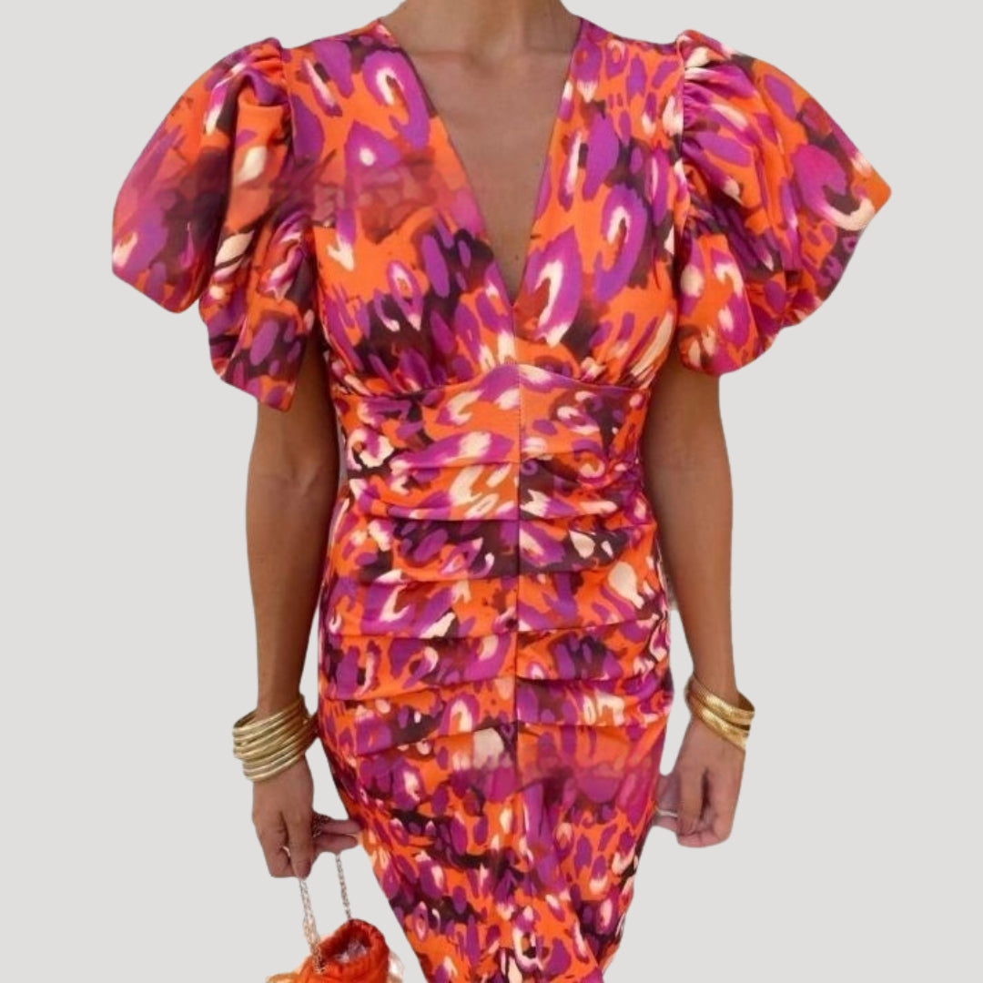 Puff Sleeve V-Neck Midi Dress Ruched Bodice Printed Wedding Guest Occasion Wear