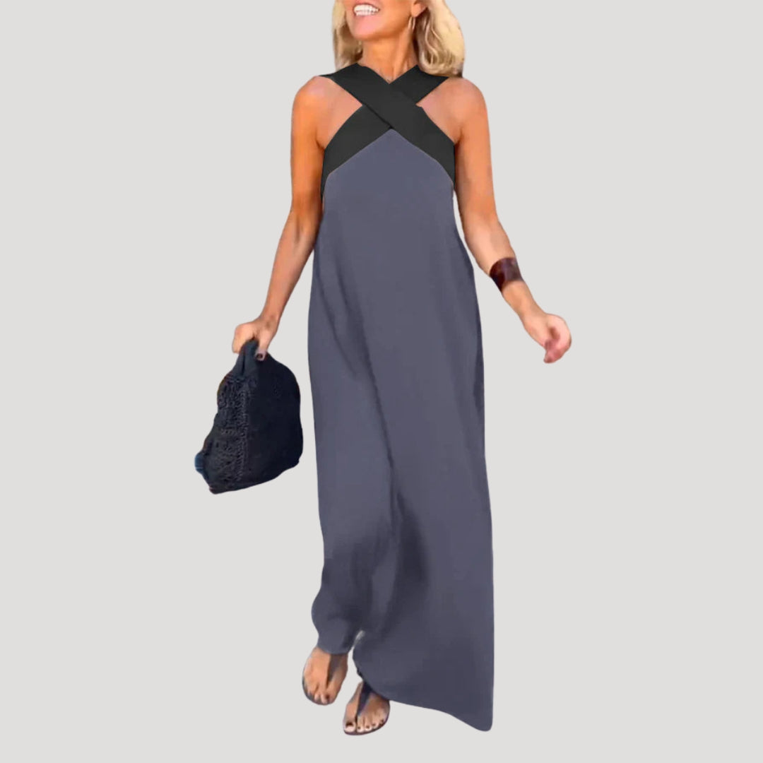 Halter Neck Sleeveless Maxi Dress with Cross Front Detail and Flowing Silhouette