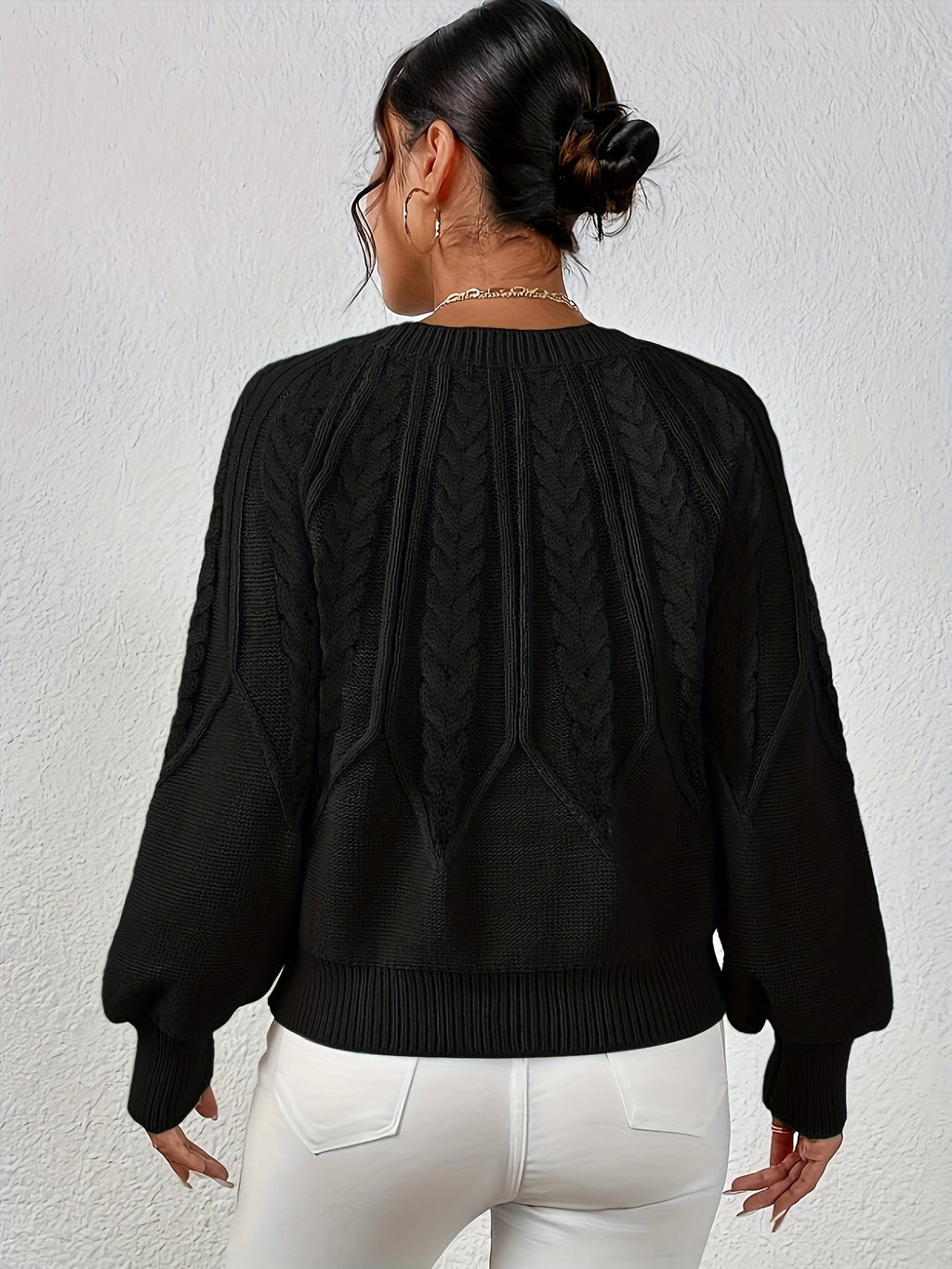 Women's Cable Knit Sweater with Relaxed Fit and Lantern Sleeves for Everyday Wear
