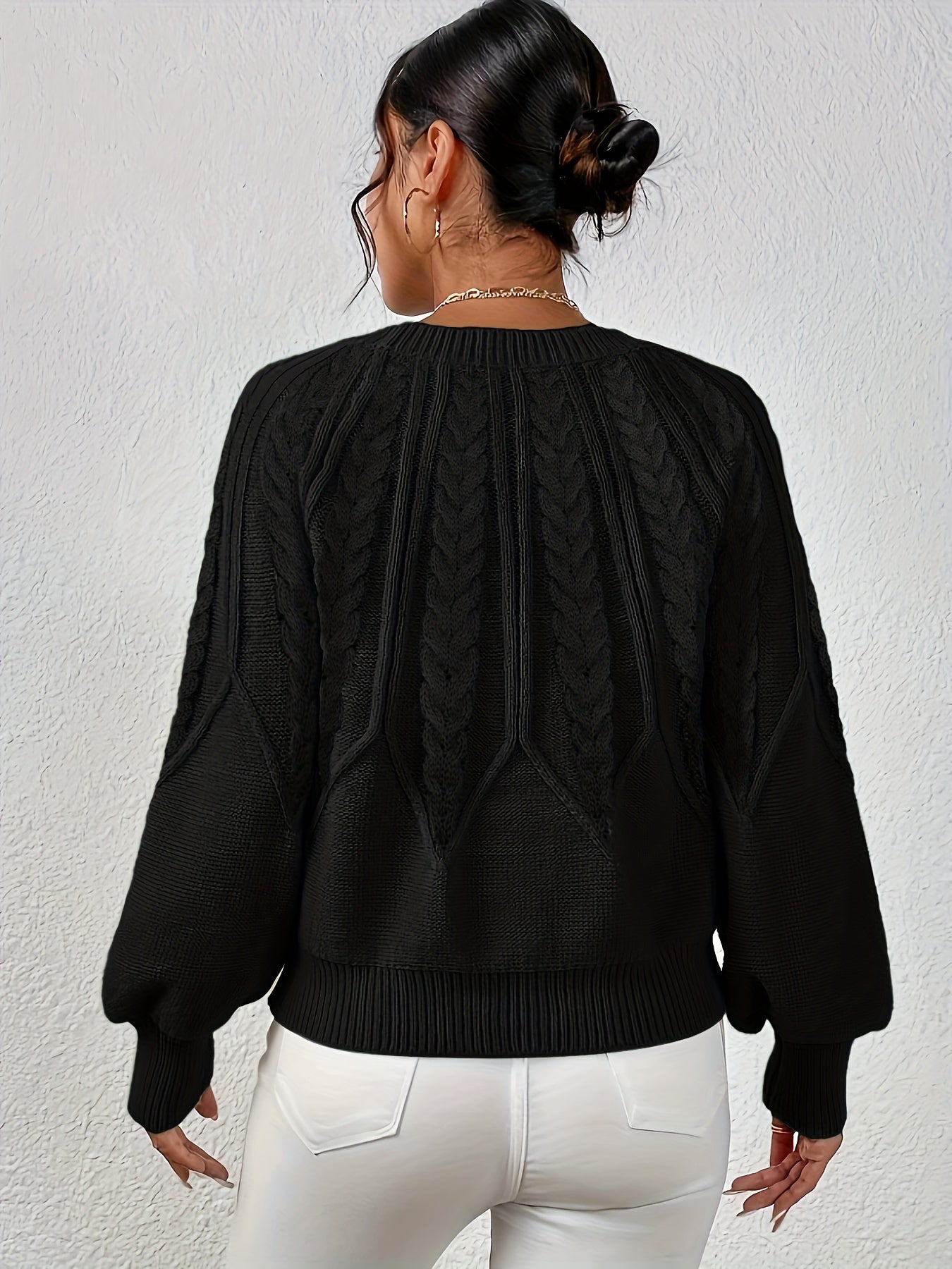 Women's Cable Knit Sweater with Relaxed Fit and Lantern Sleeves for Everyday Wear