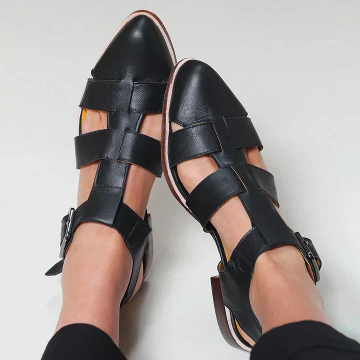 Woven flat sandals — leather strap shoes with buckle for casual daily wear
