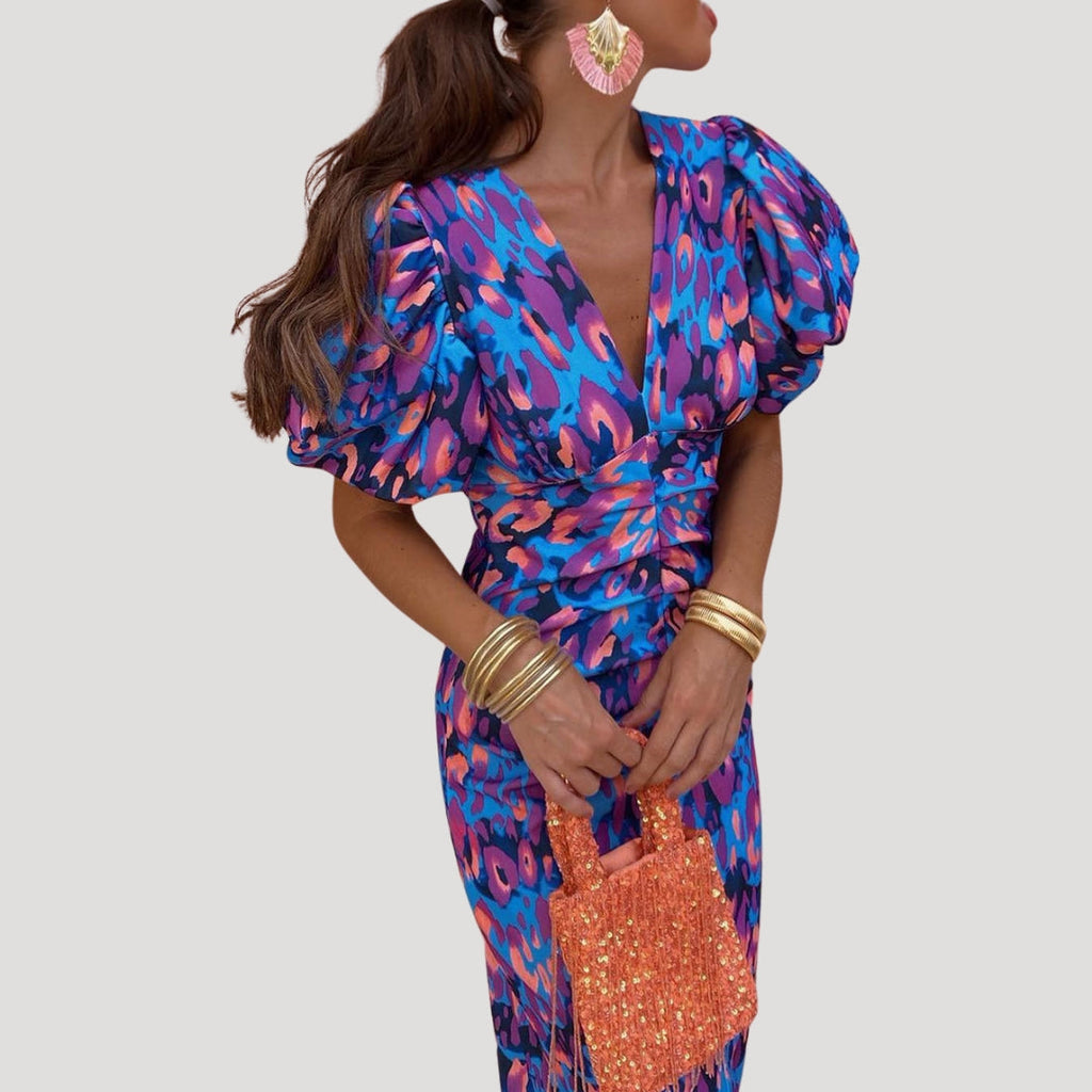 Puff Sleeve V-Neck Midi Dress Ruched Bodice Printed Wedding Guest Occasion Wear