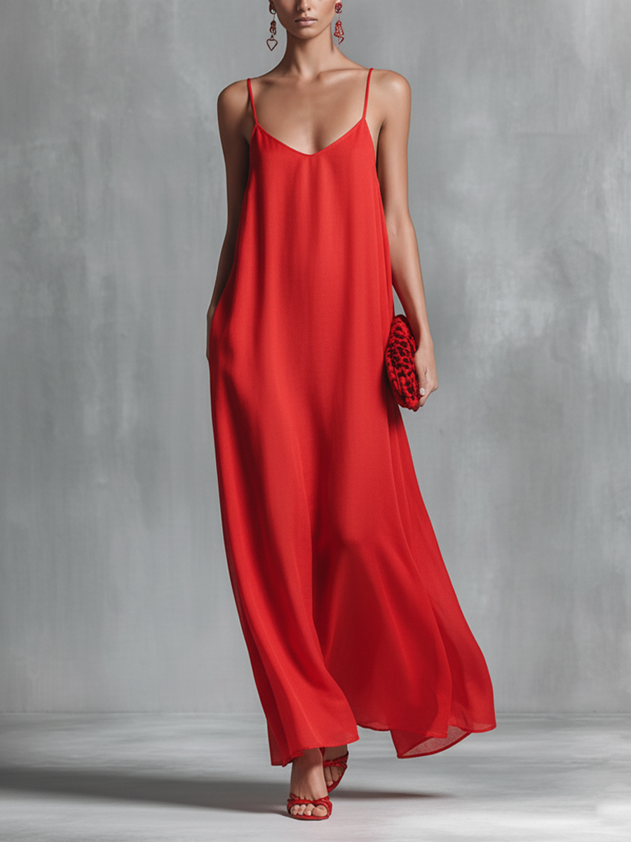 Chiffon V-Neck Spaghetti Strap Maxi Dress