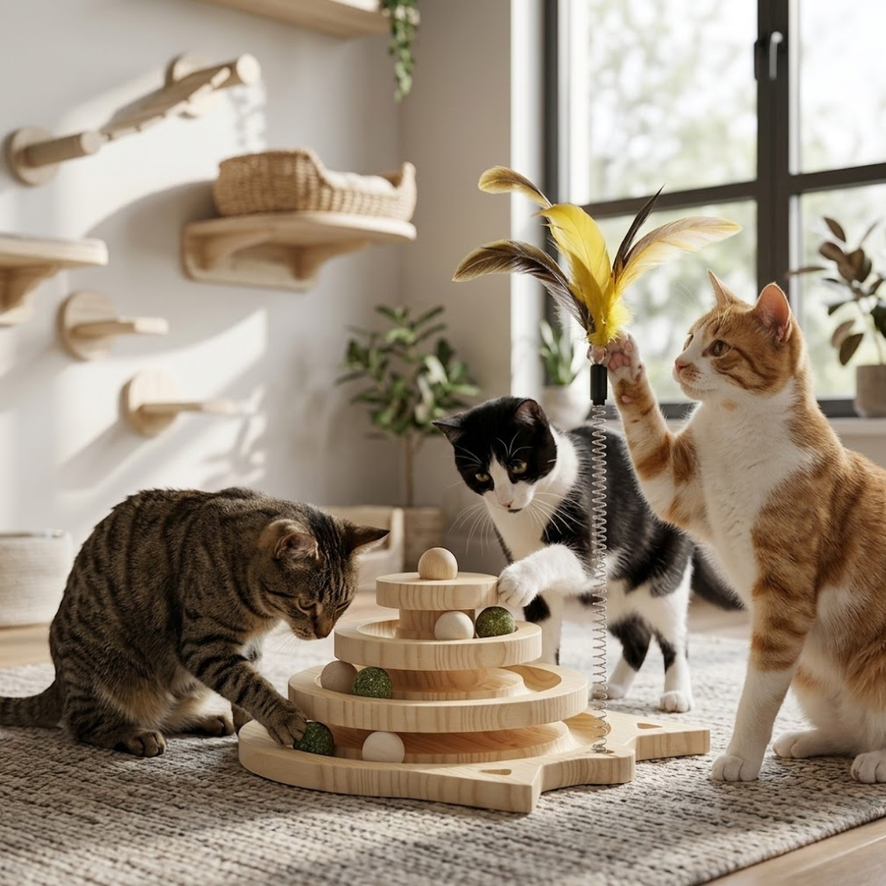 Wooden Cat Toy Tower with Interactive Track Balls and Feather Wand Attachment
