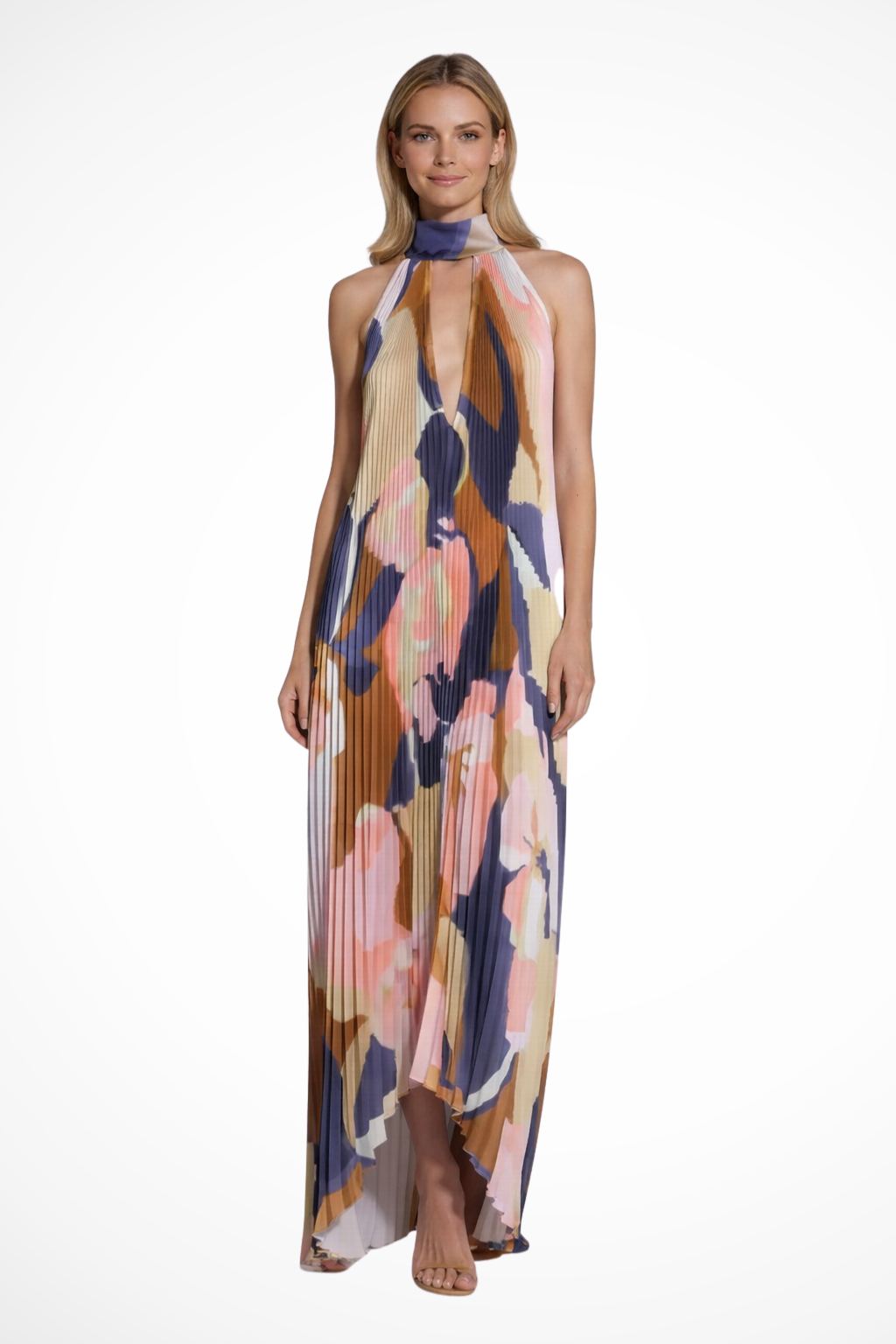 Printed Pleated Halter Neck Maxi Dress with Front Keyhole Detail Evening Gown