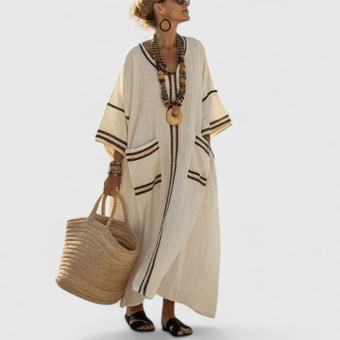 Boho Maxi Dress with Pockets V-Neck Striped Kaftan Loose Fit Beach Vacation Apparel
