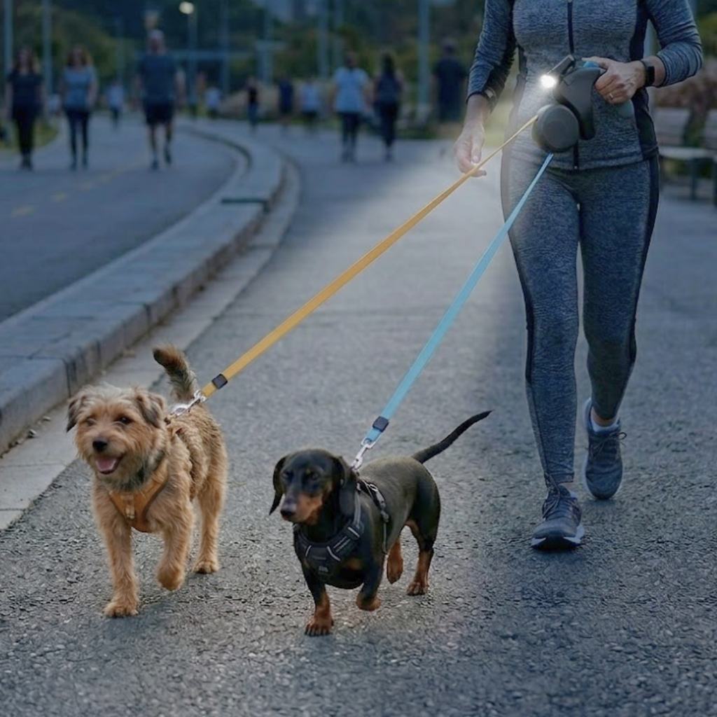 Retractable Double Dog Leash with 360 Degree Rotation and Integrated LED Flashlight