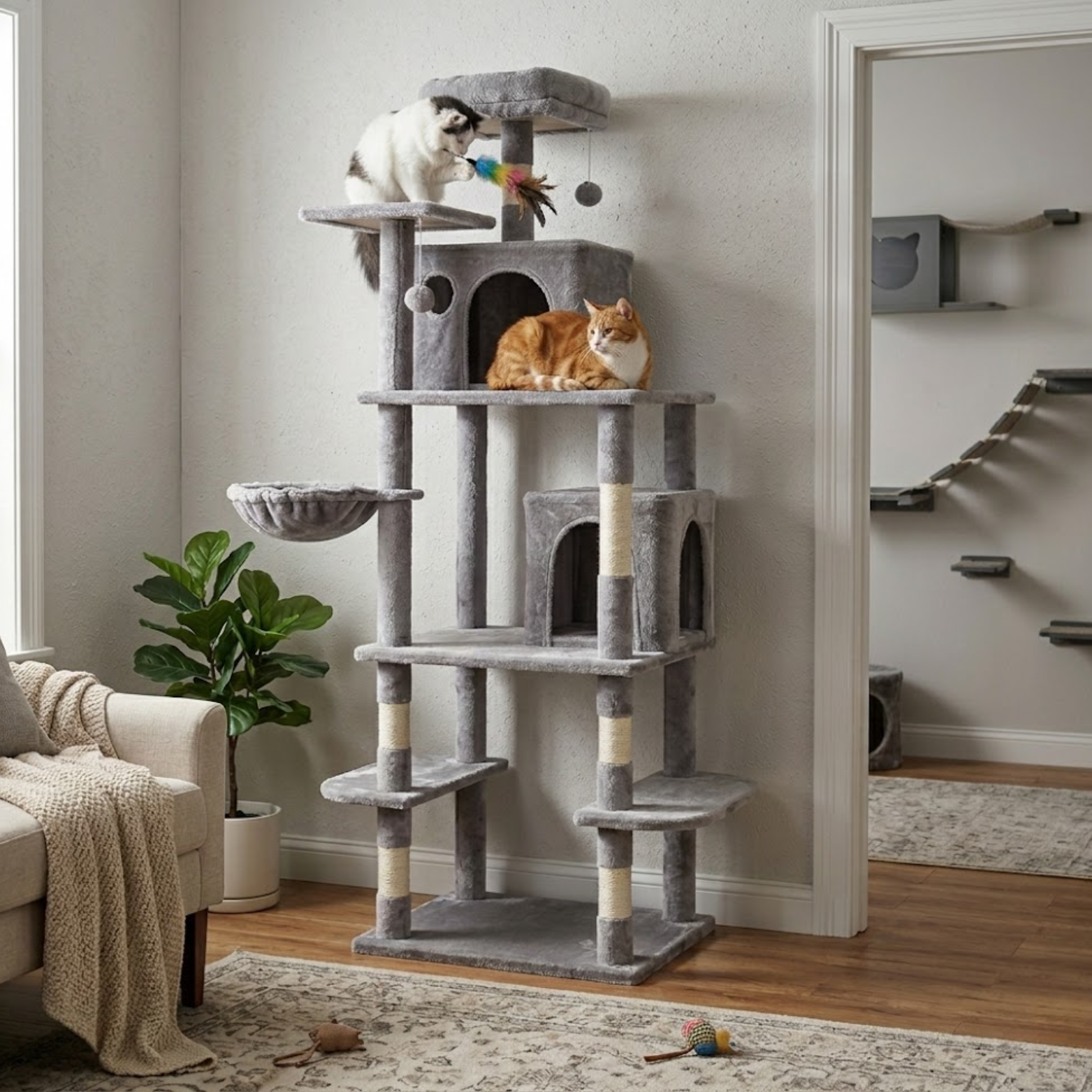 Cat Tree Tower for Indoor Cats with Sisal Scratching Post Condo Hammock and Perch