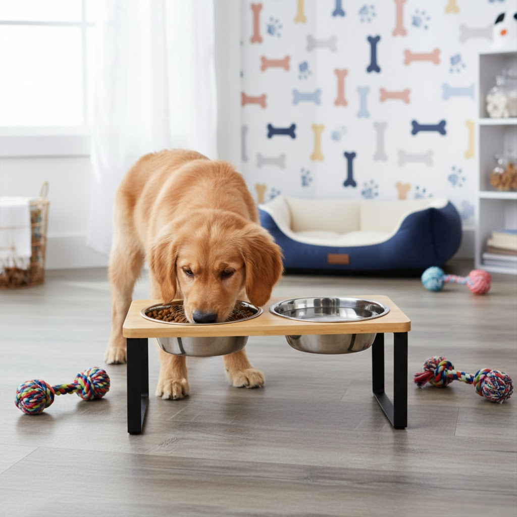 Elevated Dog Bowl Wooden Stand with Double Stainless Steel Bowls for Small Pets