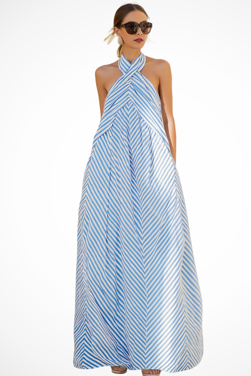 Striped Halter Neck Maxi Dress Relaxed Fit Sleeveless Flowing A-Line Sundress