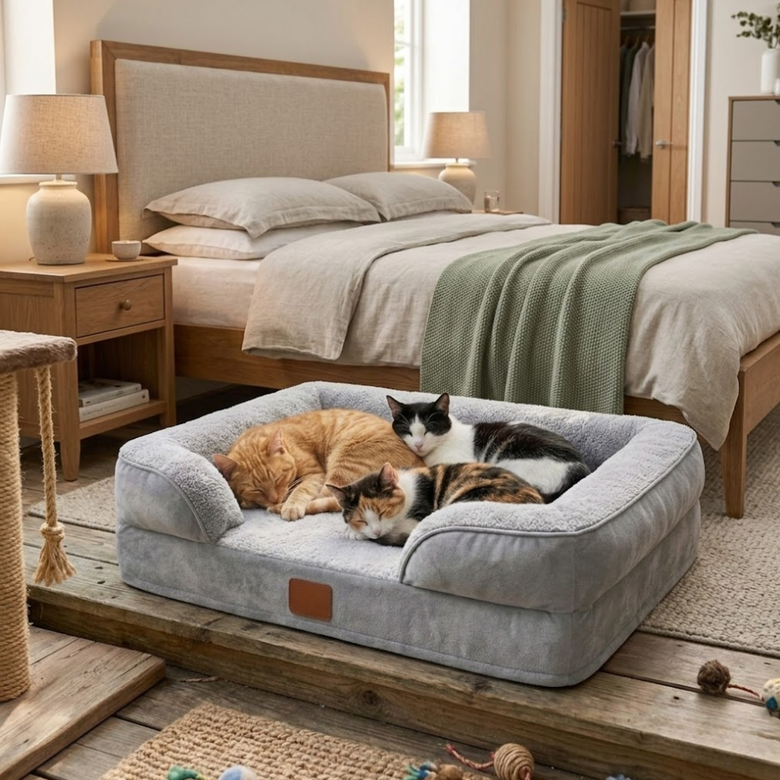 Memory Sponge Dog Bed with Removable Plush Cover and C-Type Armrest Pet Sofa Mat