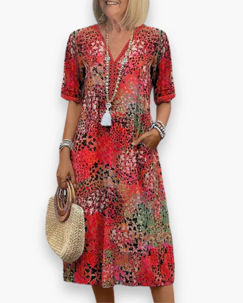 Floral Midi Dress with V-Neck and Half Sleeves for Women