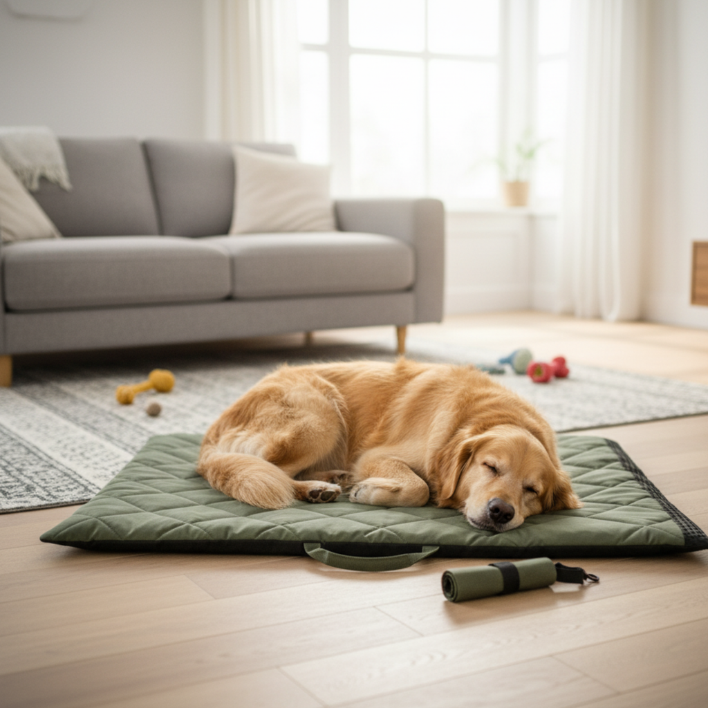 Portable washable dog sleeping mat with water resistant cushion