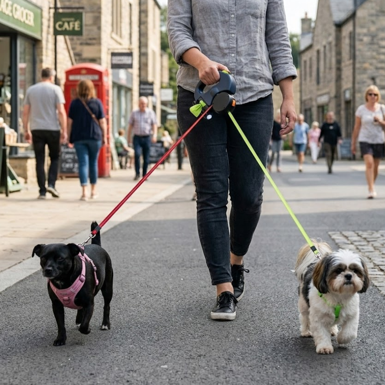Retractable Double Dog Leash with LED Flashlight and Integrated Waste Bag Dispenser