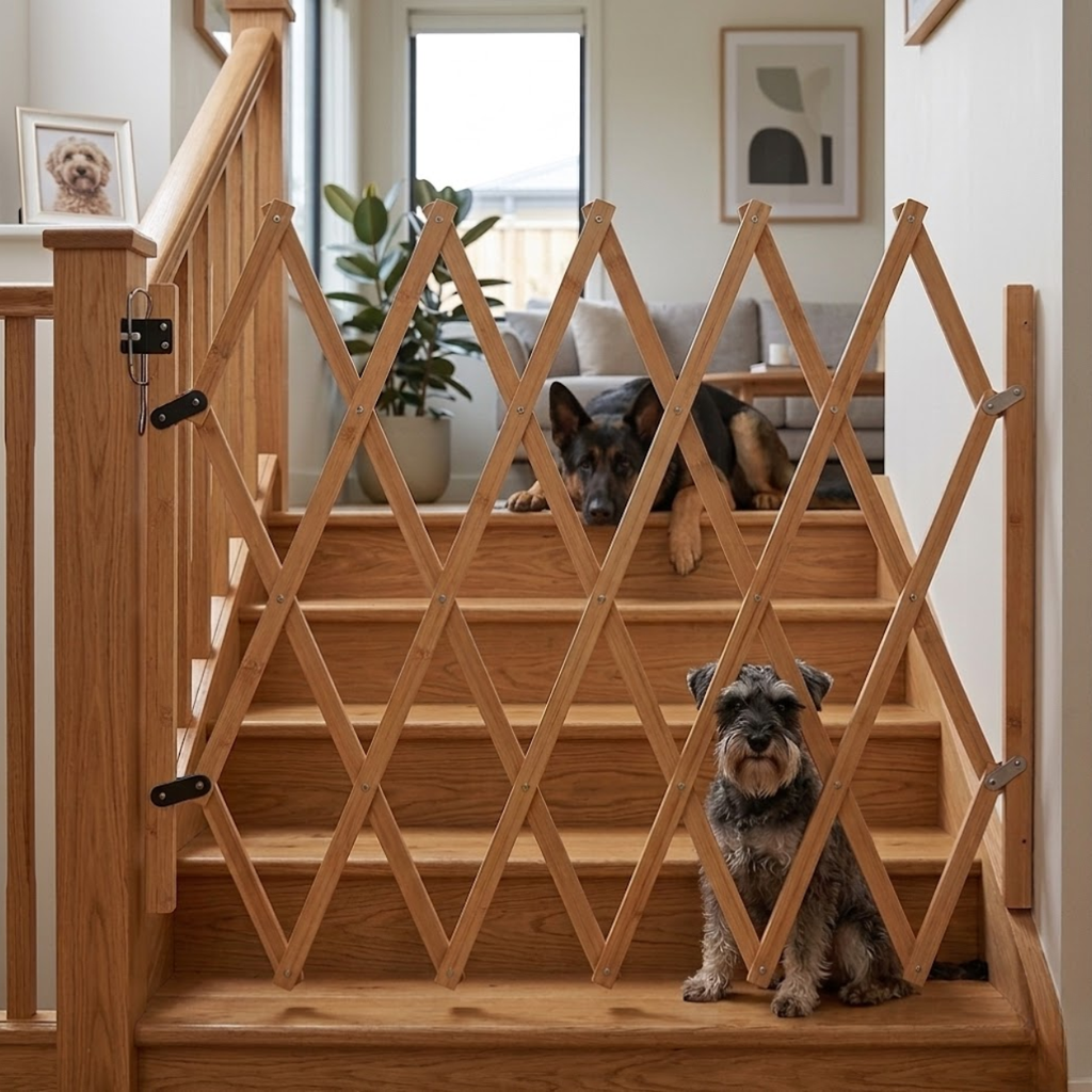 Retractable Wood Pet Gate Expandable Safety Fence for Dogs Stairs and Doorways