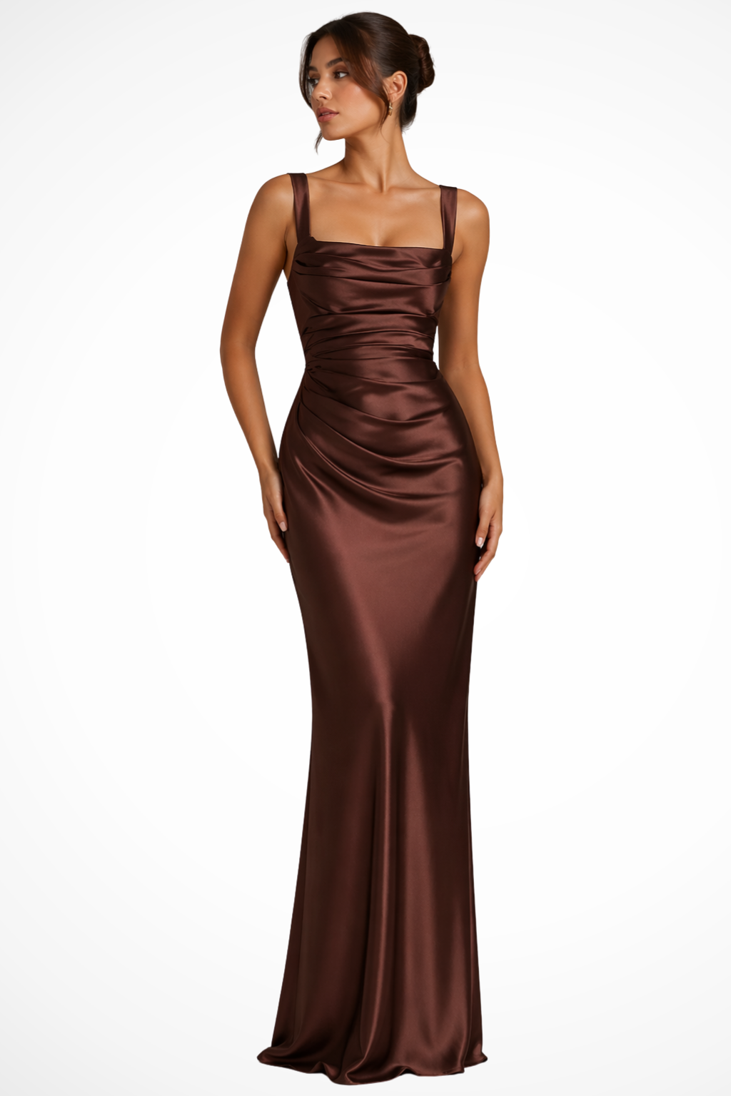 Square Neck Satin Maxi Dress Formal Wedding Guest Gown with Gloves and Choker