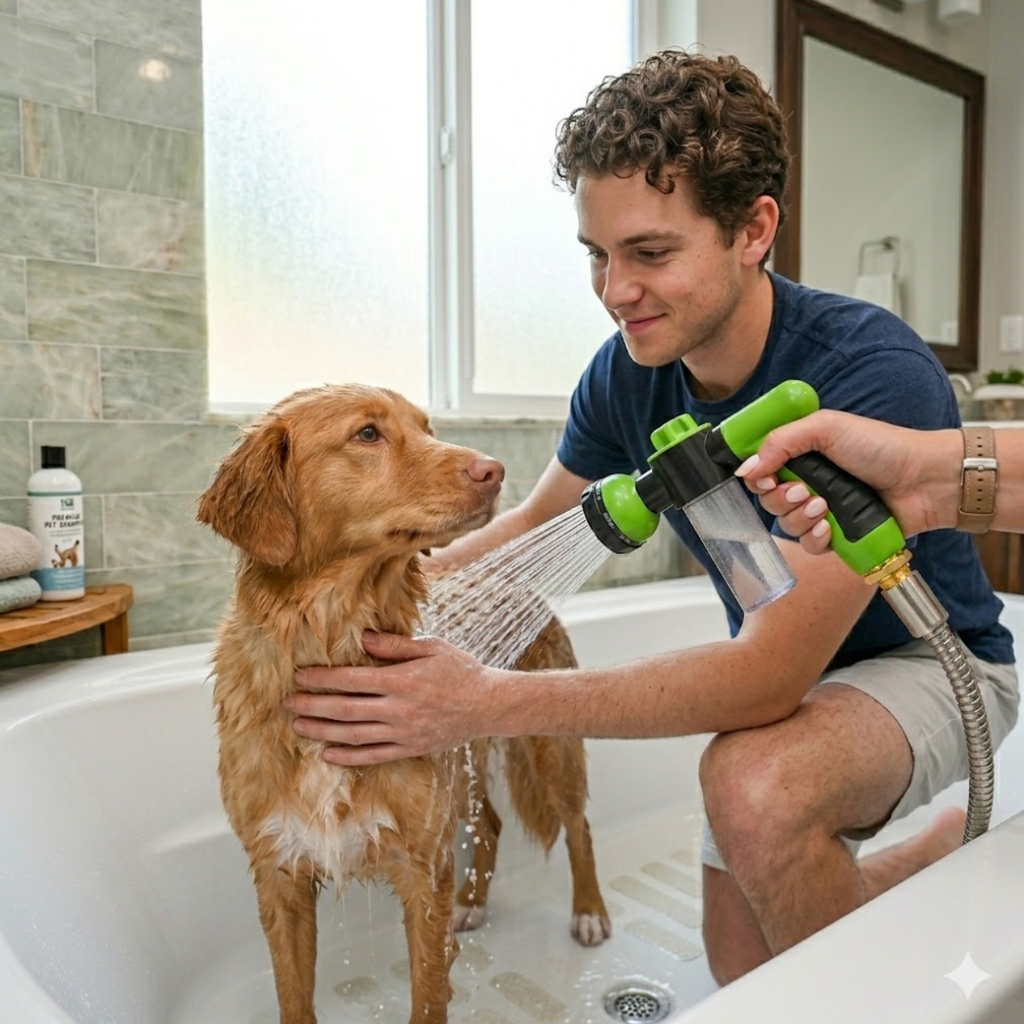 Pet Shower Sprayer Nozzle with Foam Soap Dispenser for Adjustable Dog Bath Cleaning