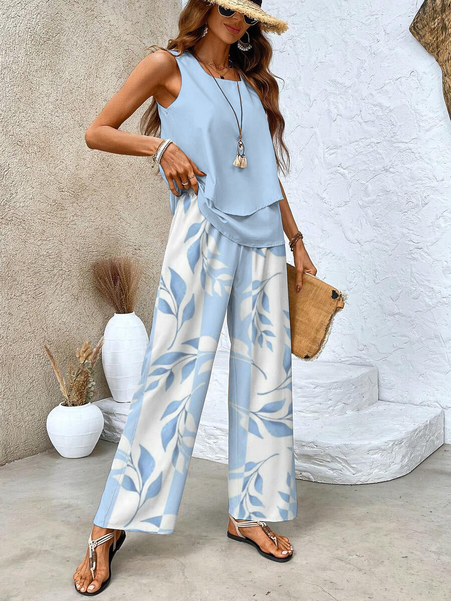 Women's matching set - sleeveless top wide leg trousers resort holiday