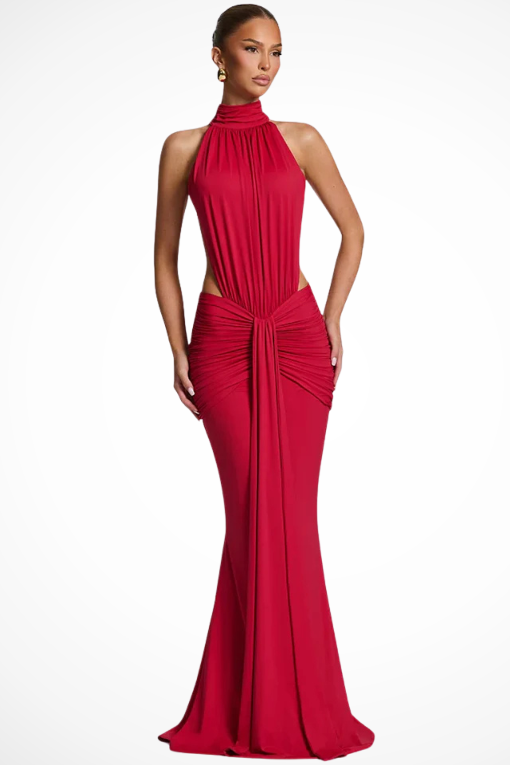 Women's Ruched Maxi Dress Backless Cut Out High Neck Sleeveless Formal Evening Dress