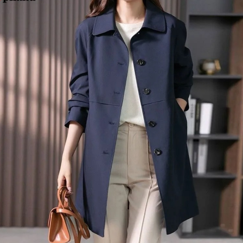 Women's Trench Coat Breathable Fabric One Button Tailored Fit Office Casual