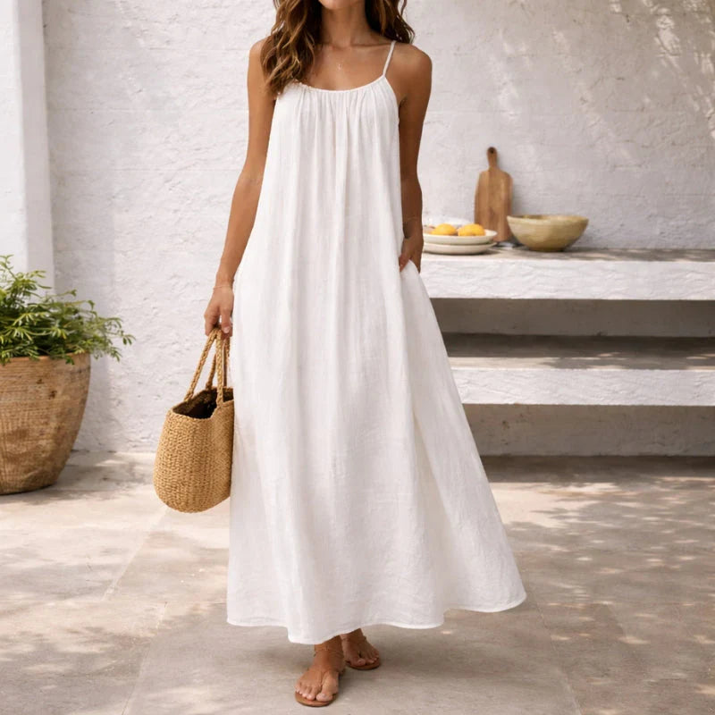 Linen Cotton Maxi Dress Adjustable Spaghetti Strap Open Back Sleeveless Casual Sundress