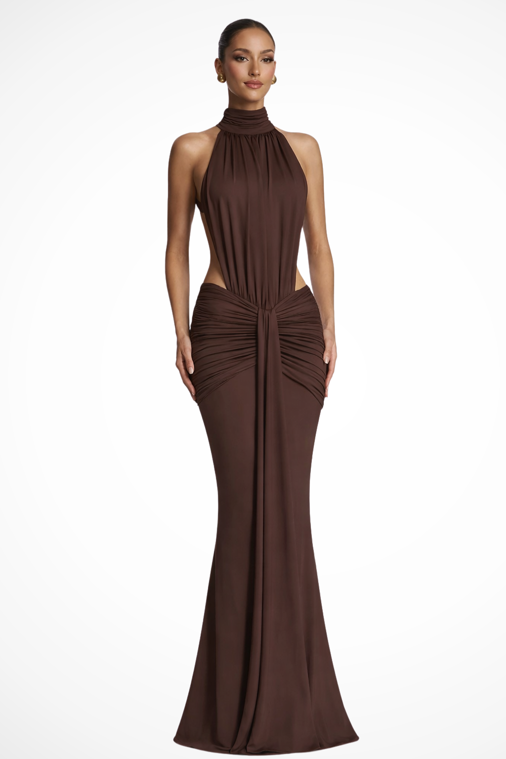 Halter Neck Backless Ruched Maxi Dress Bodycon Wedding Guest Gown with Side Cut-Outs