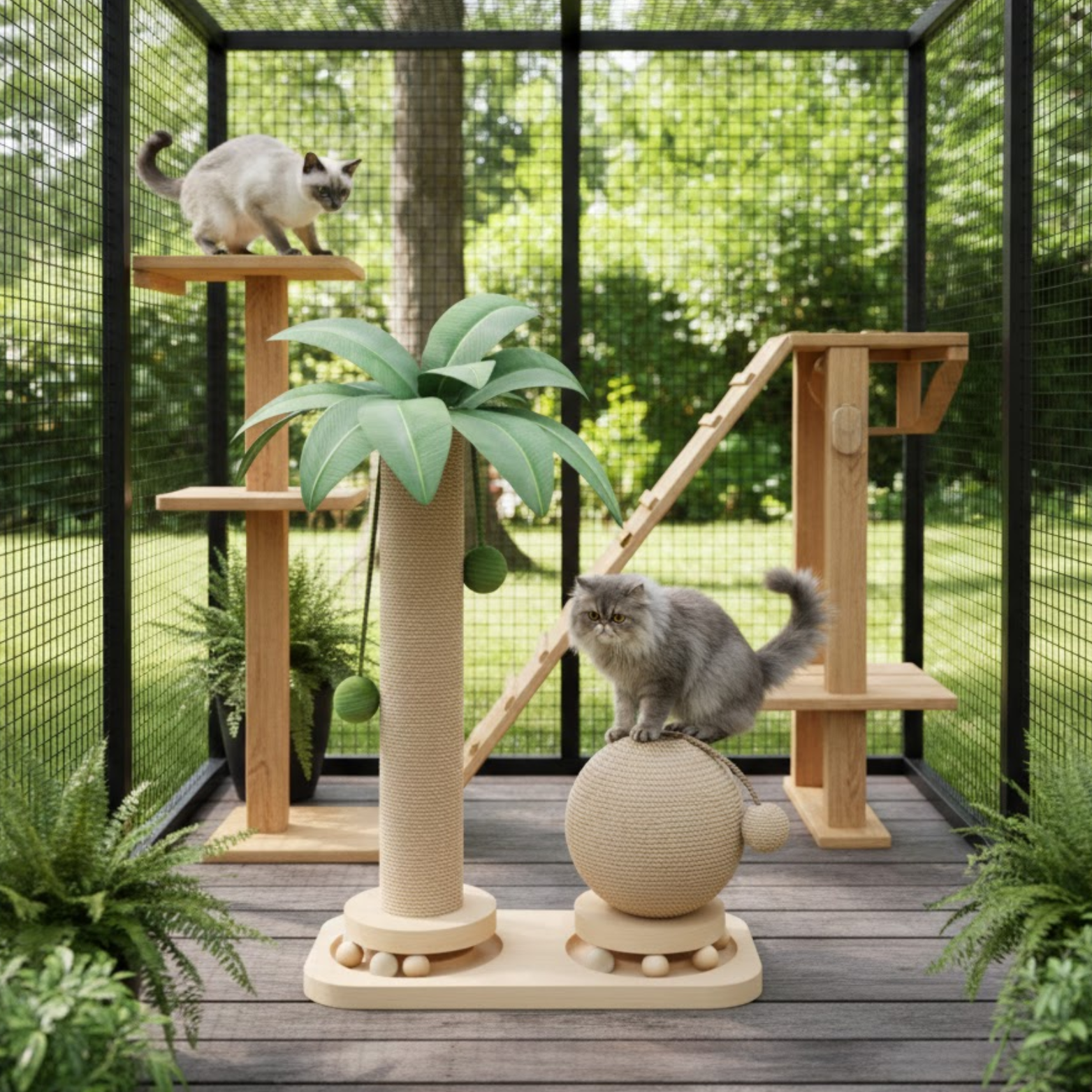 Coconut Tree Cat Scratching Post with Sisal Rope Solid Wood Base and Hanging Balls