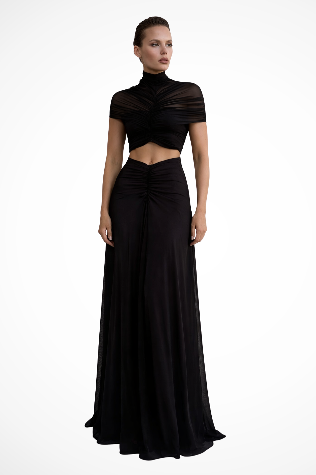 Short Sleeve High Neck Maxi Dress with Front Cut-Out and Ruched Waist Detail