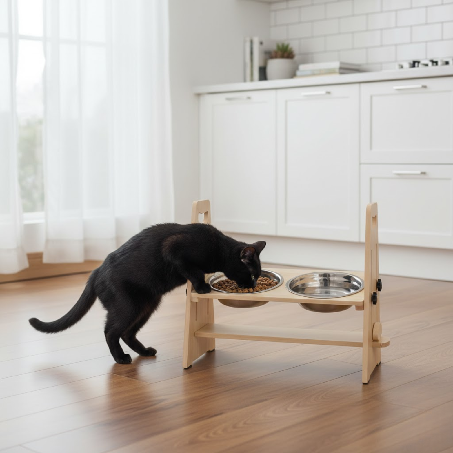 Adjustable Elevated Dog Feeder Pine Wood Stand with Stainless Steel Bowls