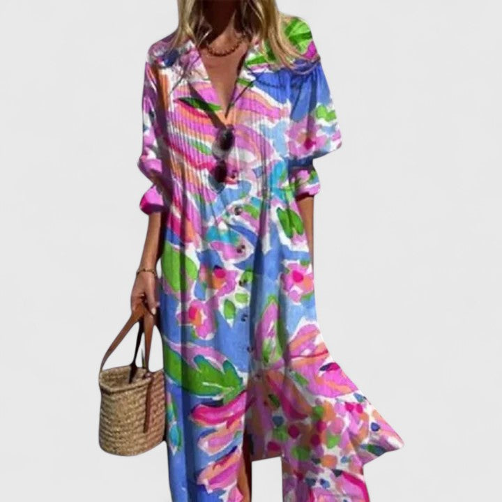 Women's floral print shirtdress — pintuck pleated collared midi dress