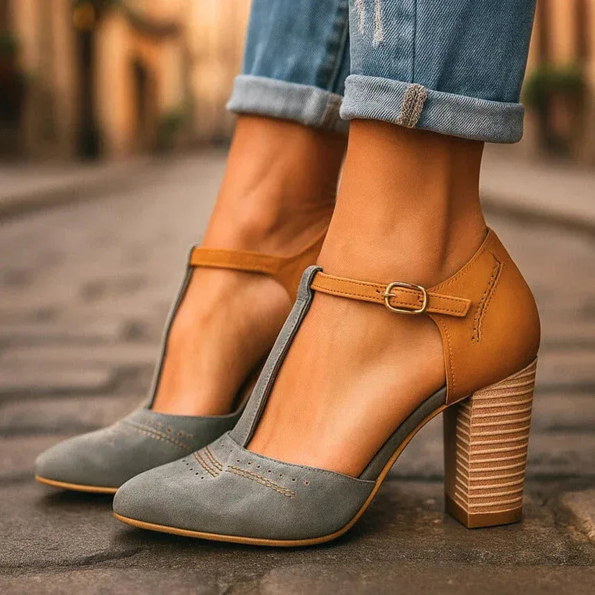 Two-tone block heel pumps — versatile shoes for daily wear