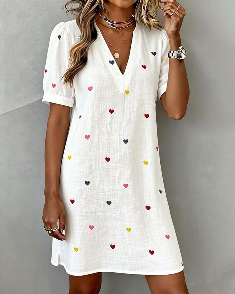 Women's Linen Dress Heart Print Casual