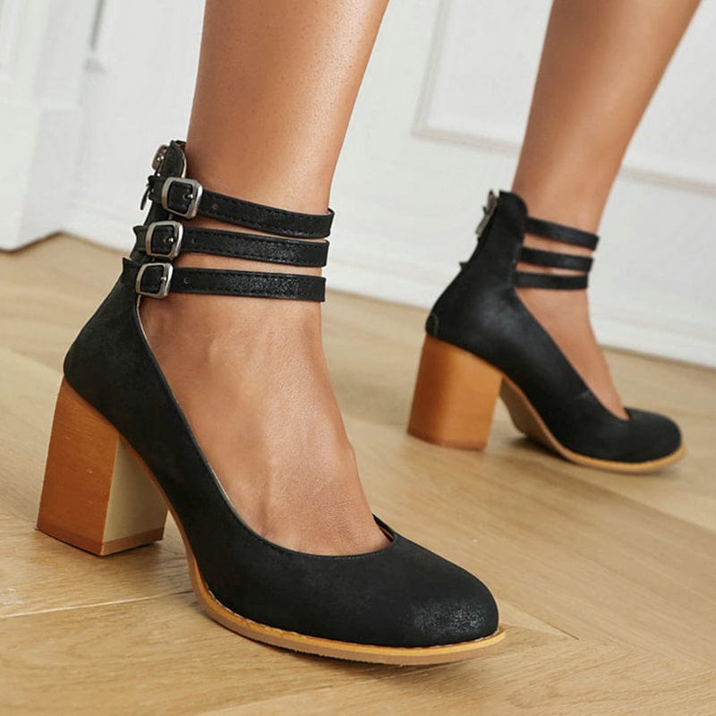 Triple Buckle Ankle Strap Block Heels