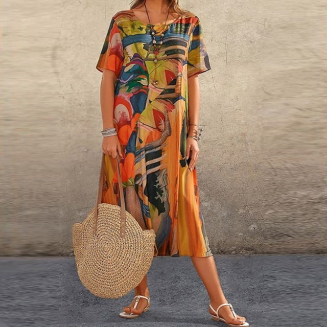 Printed Short Sleeve Midi Dress